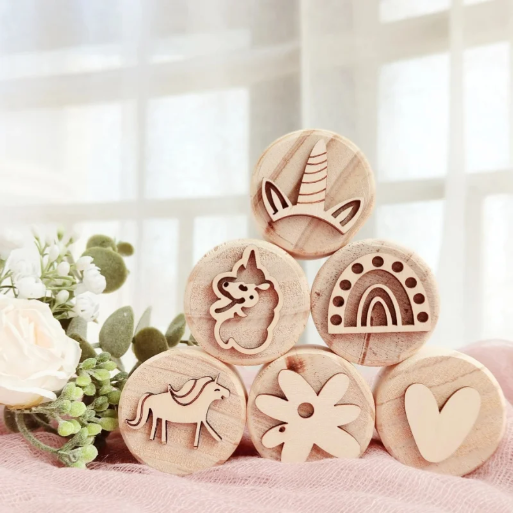 WoodStamp – Montessori & Kreatywność – 6 sztuk drewnianych stempli do plasteliny