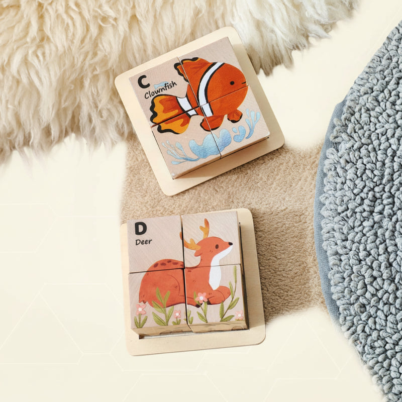 WoodMind – Kreatywne i edukacyjne – drewniane puzzle Montessori 6 w 1 z motywem zwierząt