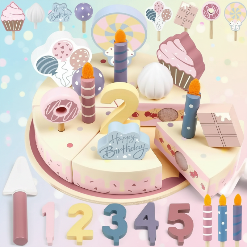 Wooden Cake Cutting Toy – Kreatywność i zabawa w odgrywanie ról – Drewniany tort urodzinowy