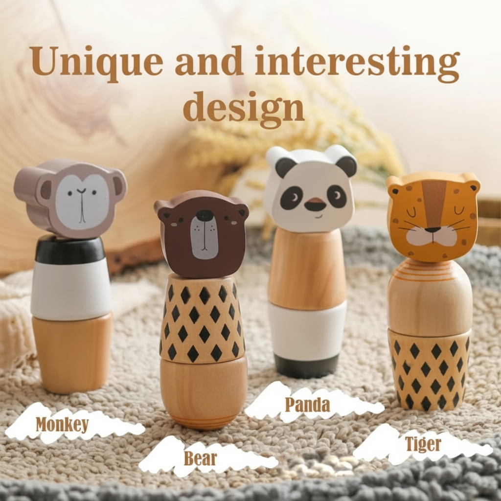 WoodyFriends – Motoryka i zabawa – drewniane zabawki do układania w stosy w kształcie zwierzątek
