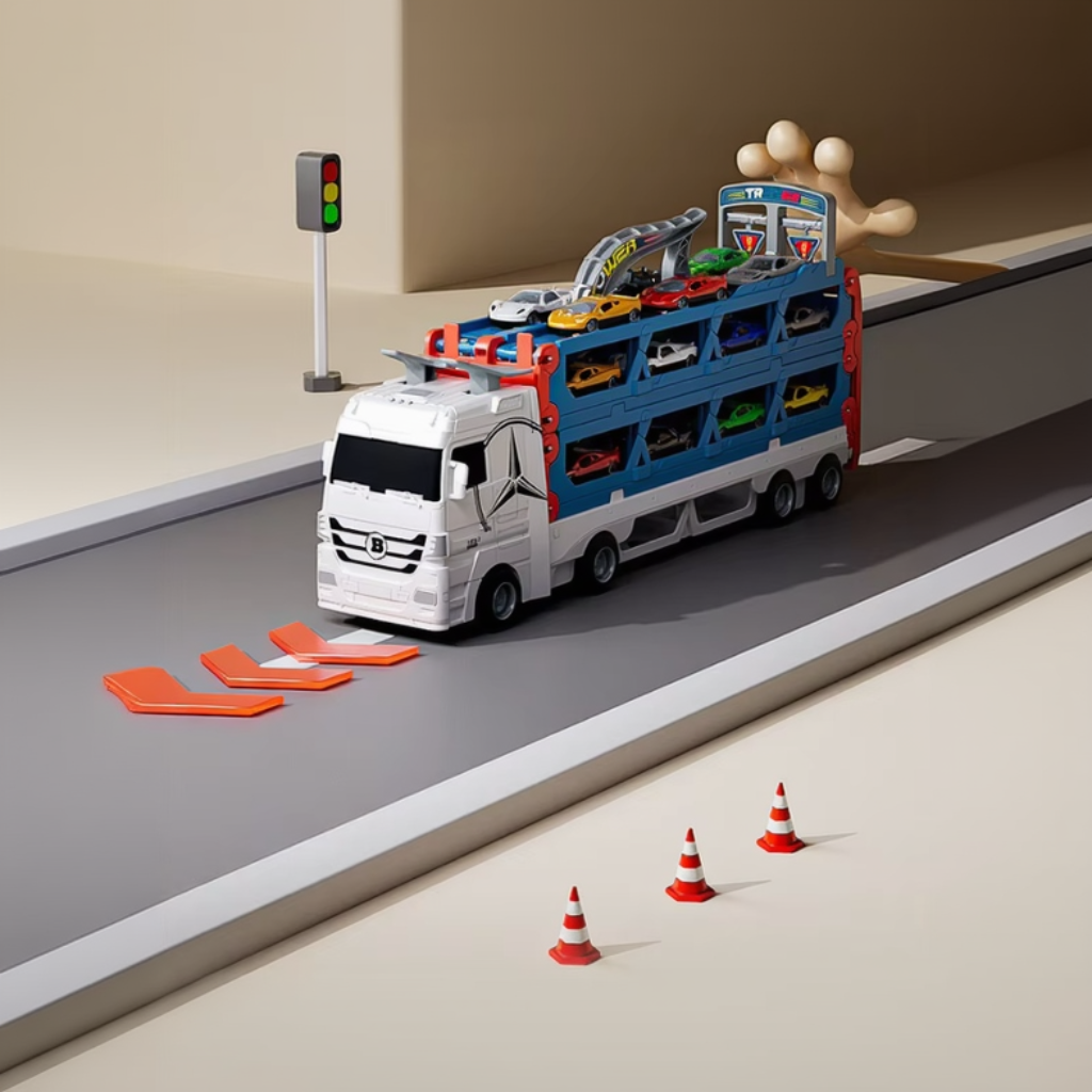 CarHauler – Zabawowe i pełne przygód – zestaw do zabawy z transporterem samochodów i samochodami wyścigowymi
