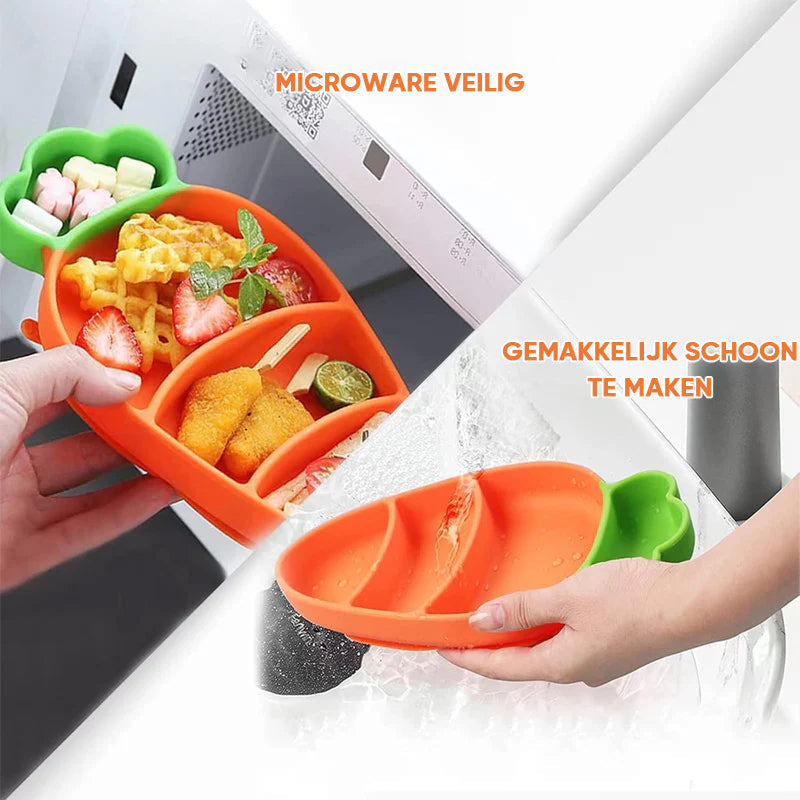MiniMeal – Bezpieczny i antypoślizgowy – silikonowy zestaw talerzy dla maluchów ze sztućcami