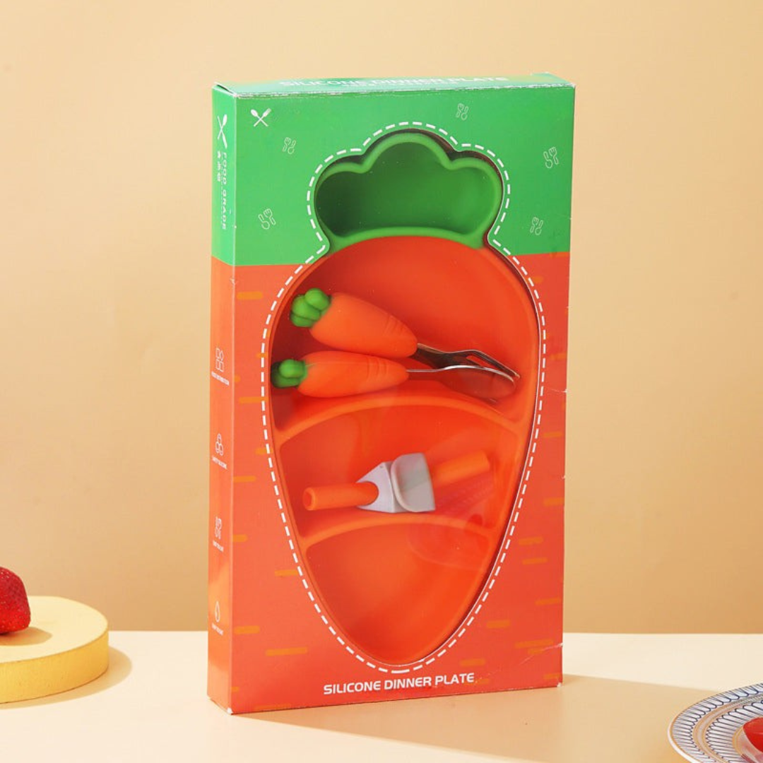 MiniMeal – Bezpieczny i antypoślizgowy – silikonowy zestaw talerzy dla maluchów ze sztućcami