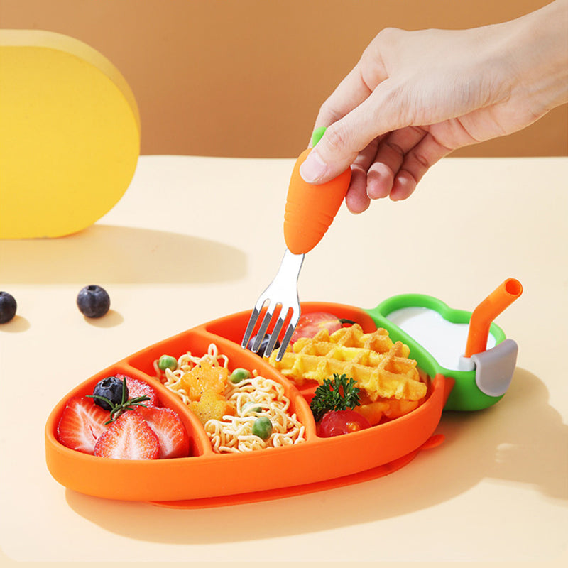 MiniMeal – Bezpieczny i antypoślizgowy – silikonowy zestaw talerzy dla maluchów ze sztućcami