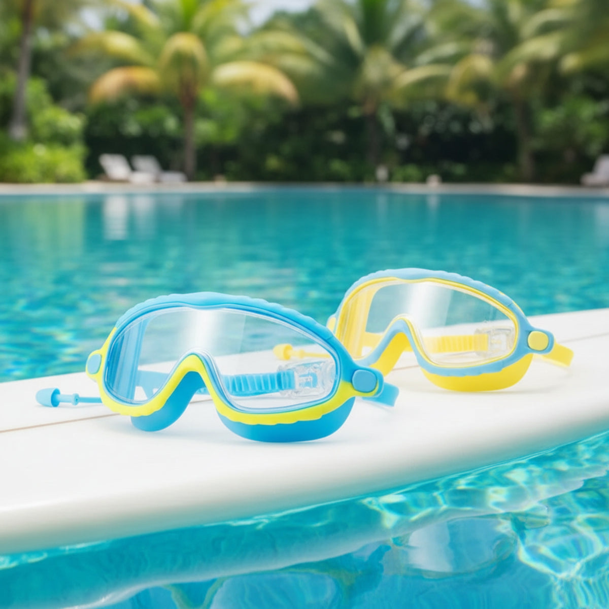 AquaVision – Regulowana ochrona przed kondensacją i promieniowaniem UV – silikonowe okulary pływackie z zatyczkami do uszu
