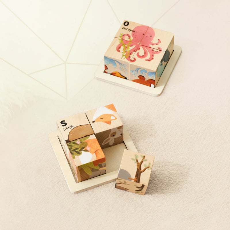 WoodMind – Kreatywne i edukacyjne – drewniane puzzle Montessori 6 w 1 z motywem zwierząt