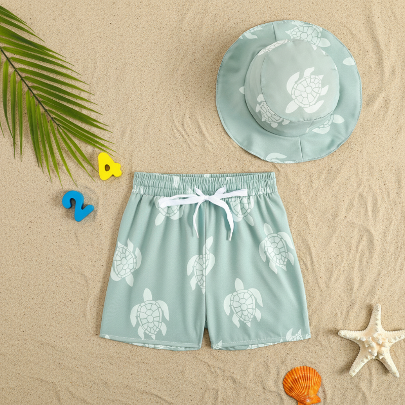 Beach Set – Kolorowe i stylowe – kąpielówki z nadrukiem i czapka
