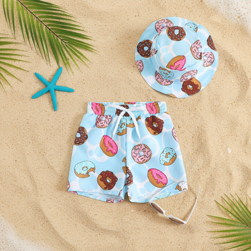 Beach Set – Kolorowe i stylowe – kąpielówki z nadrukiem i czapka