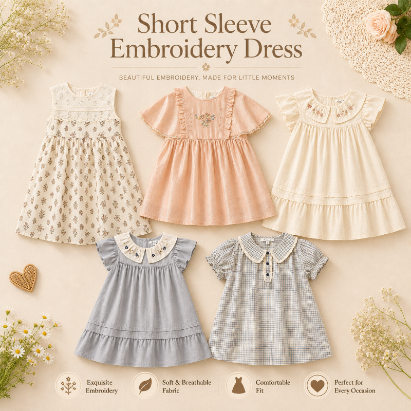 Short Sleeve Embroidery Dress – Elegancja i wygoda – sukienka dla dziewczynek w stylu butikowym