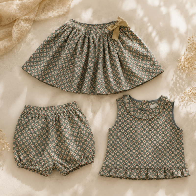 Matching Set – Wygodne i z nadrukiem stokrotek – bloomerki, spódniczka i bluzka