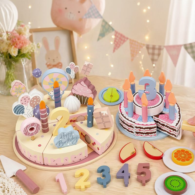 Wooden Cake Cutting Toy – Kreatywność i zabawa w odgrywanie ról – Drewniany tort urodzinowy