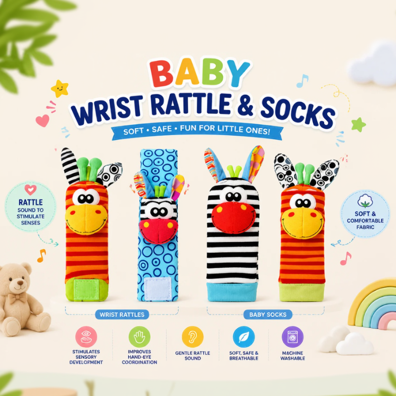 Wrist Rattle and Socks – Rozwój motoryczny i zabawa – grzechotki dla niemowląt (zestaw 4 szt.)
