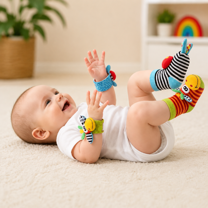 Wrist Rattle and Socks – Rozwój motoryczny i zabawa – grzechotki dla niemowląt (zestaw 4 szt.)