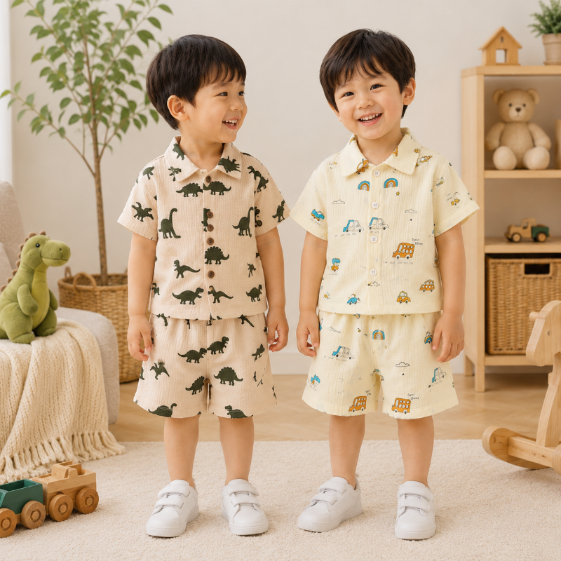 Dinosaur & Car Print Outfit – Stylowy i zabawny – letni zestaw ubrań