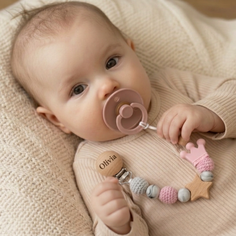 Baby Pacifier Holder – Z imieniem – spersonalizowane koraliki drewniane i silikonowe