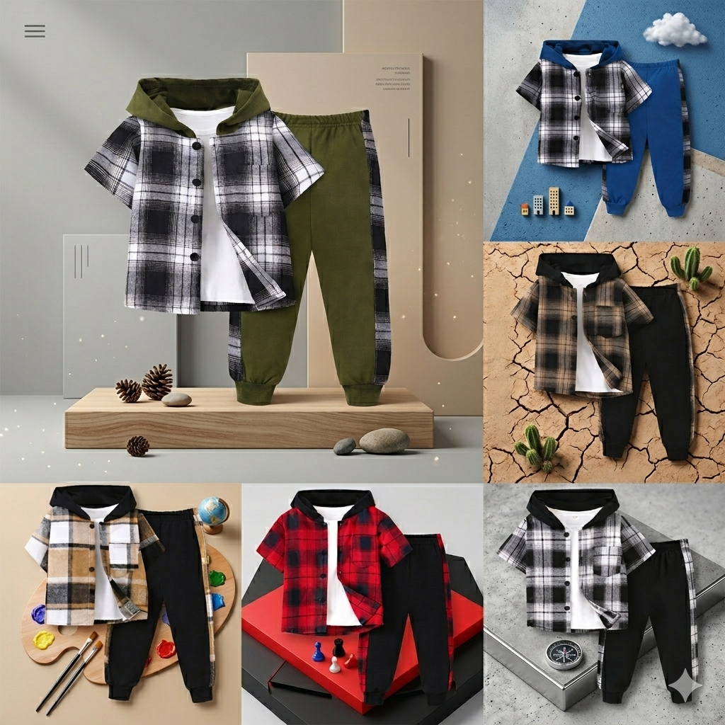 Boys Checkered Outfit – Modny i wygodny – zestaw dziecięcy w kratkę
