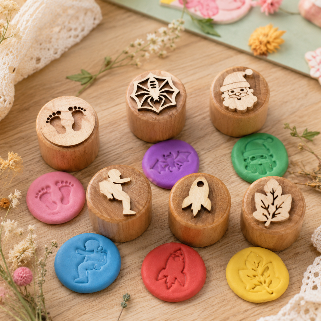 WoodStamp – Montessori & Kreatywność – 6 sztuk drewnianych stempli do plasteliny