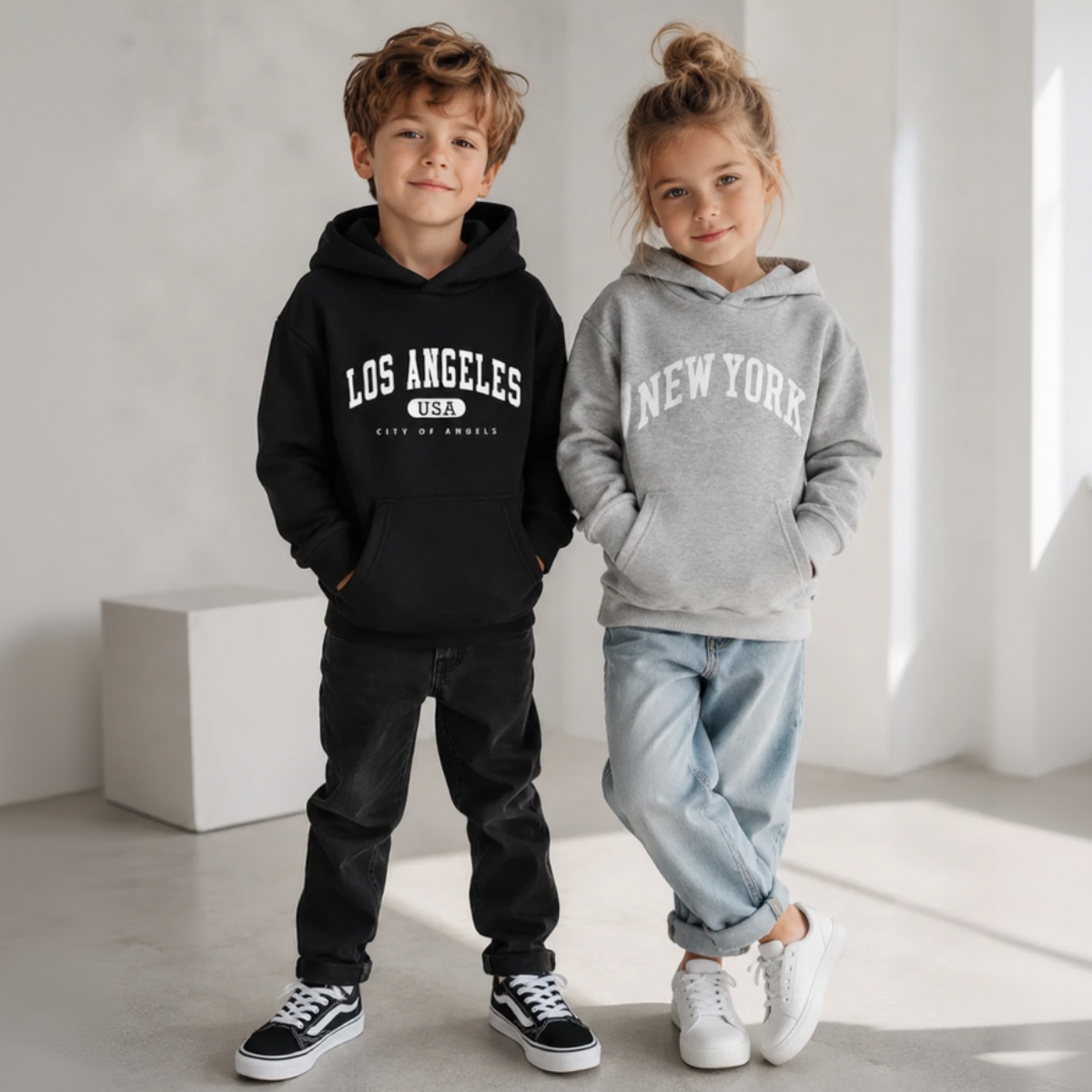 MiniUrban – Przytulny i stylowy – sweter z kapturem i nadrukiem „Los Angeles/New York”
