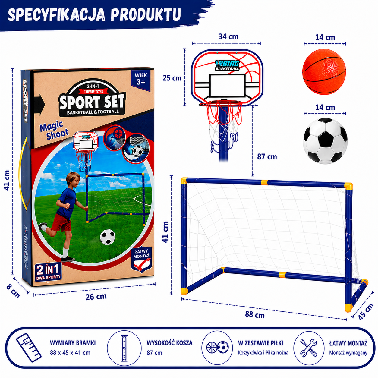 Kids Ball Games - Podwójna zabawa - zestaw zabawek do piłki nożnej i koszykówki