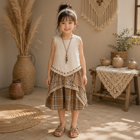 Thumbnail for TinyTrends – Styl boho chic i uroczy – szydełkowany top z plisowaną spódnicą w kratkę
