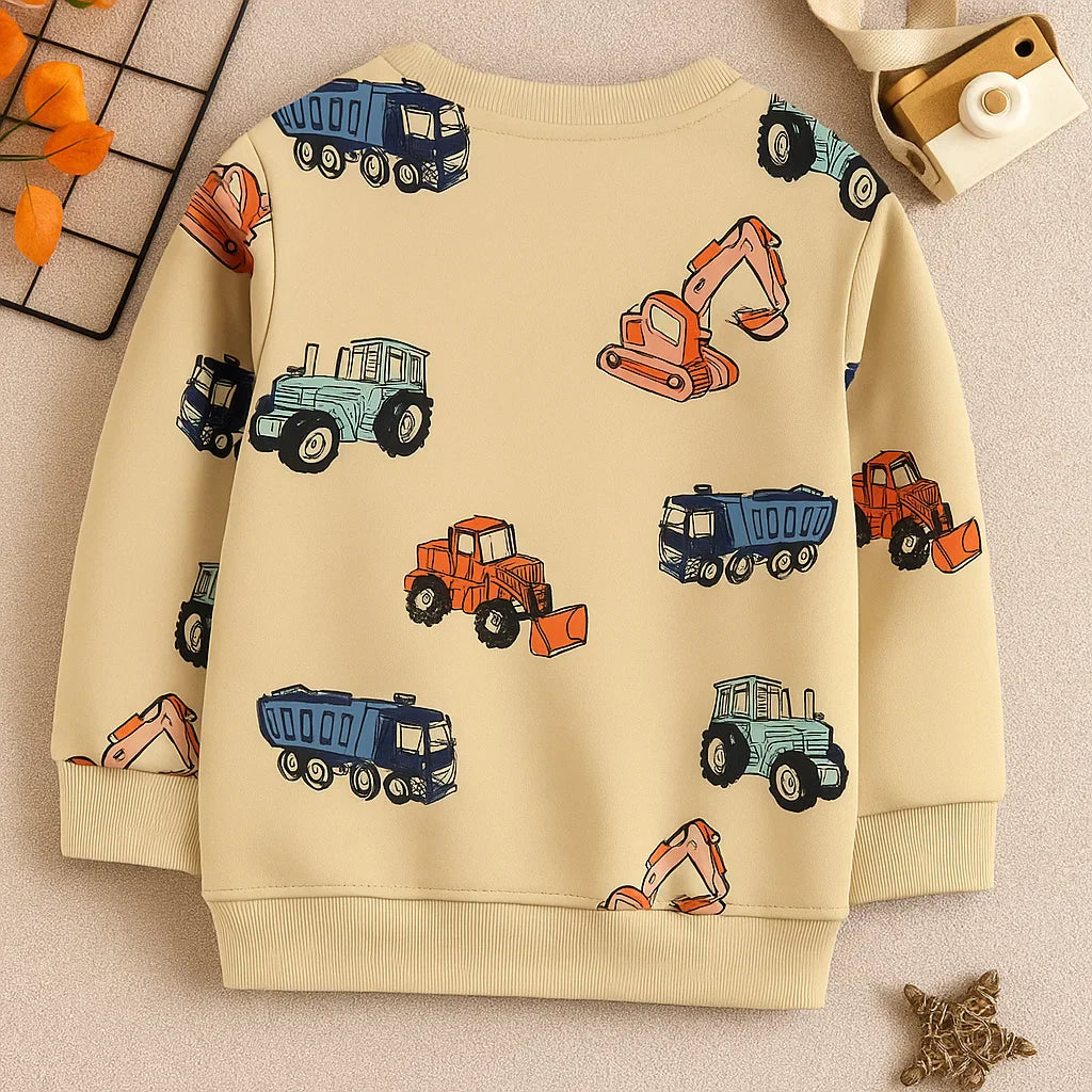 TruckTales – Miękki i ciepły sweter z kolorowymi pojazdami budowlanymi