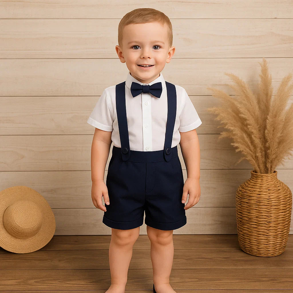 LittleDandy – Klasyczne i eleganckie – Bawełniane spodenki z szelkami, kokardką i koszulą