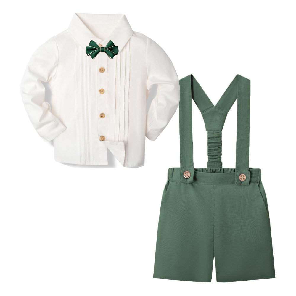 LittleDandy – Klasyczne i eleganckie – Bawełniane spodenki z szelkami, kokardką i koszulą