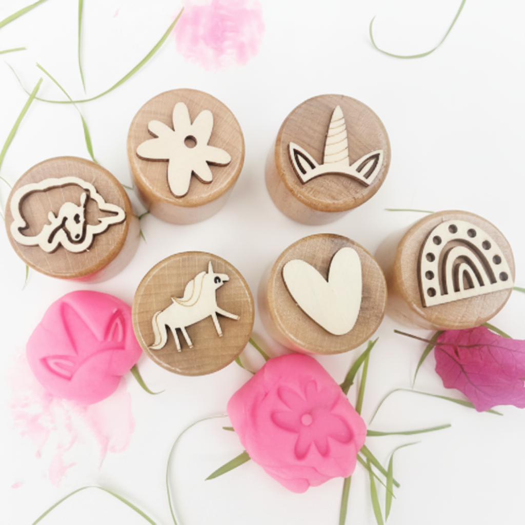 WoodStamp – Montessori & Kreatywność – 6 sztuk drewnianych stempli do plasteliny
