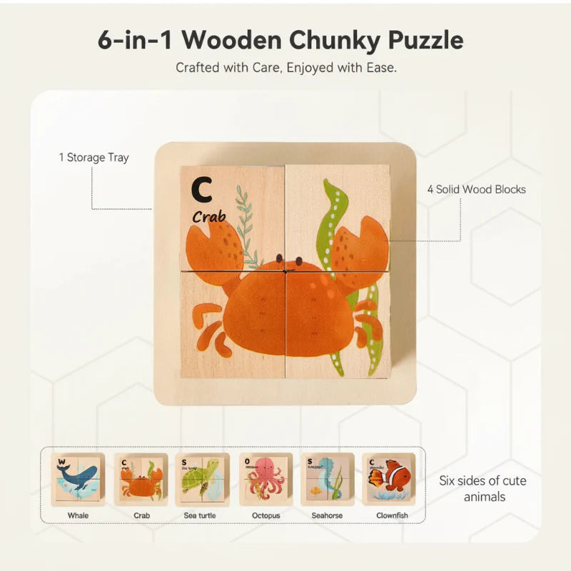WoodMind – Kreatywne i edukacyjne – drewniane puzzle Montessori 6 w 1 z motywem zwierząt