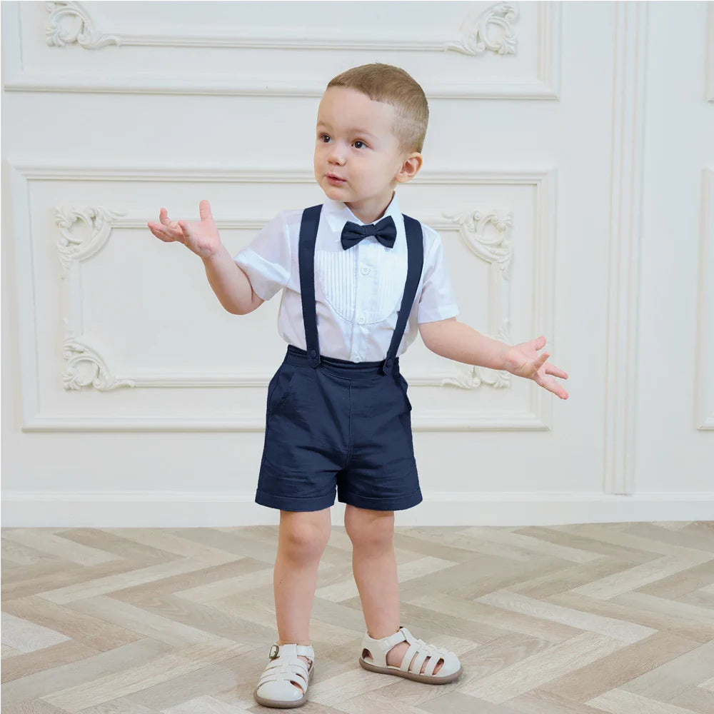 LittleDandy – Klasyczne i eleganckie – Bawełniane spodenki z szelkami, kokardką i koszulą