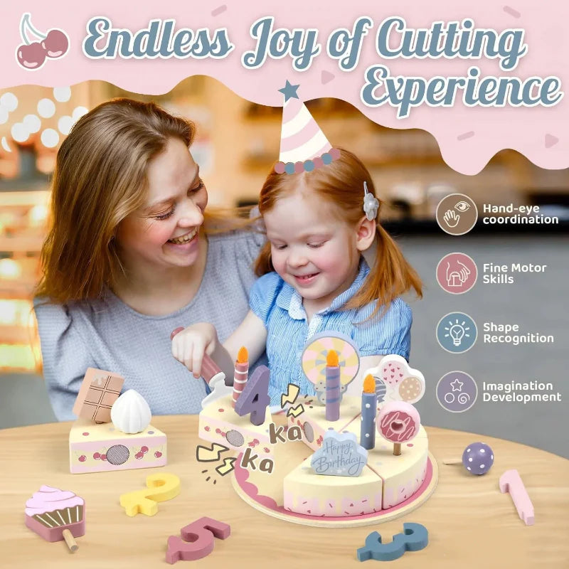 Wooden Cake Cutting Toy – Kreatywność i zabawa w odgrywanie ról – Drewniany tort urodzinowy